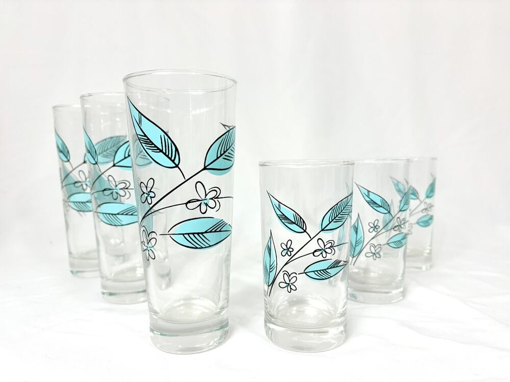 Vintage Set of 6 Blue Leaf Salem Biscayne Royal Windsor Glasses Tumblers 2 sizes